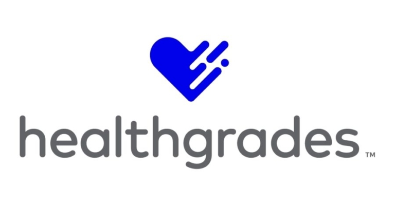 Healthgrades logo featuring a blue stylized heart icon with motion lines above the lowercase gray word mark healthgrades with a trademark symbol.