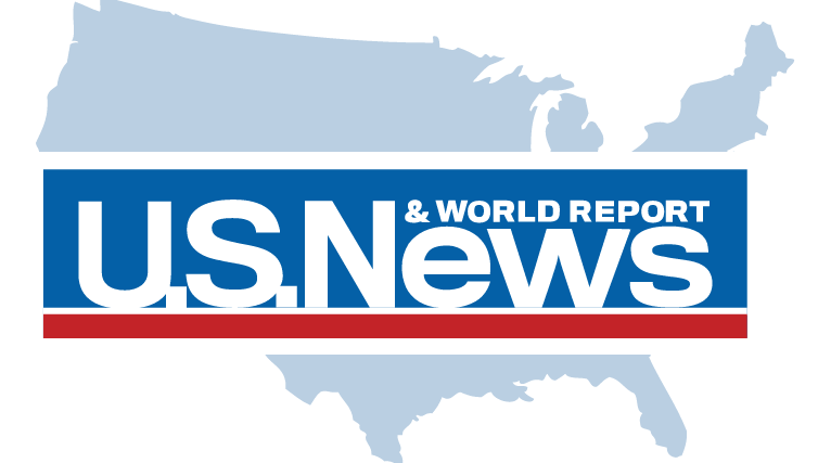 U.S. News & World Report logo displayed over a light blue silhouette map of the United States, with bold white text on a blue and red background.