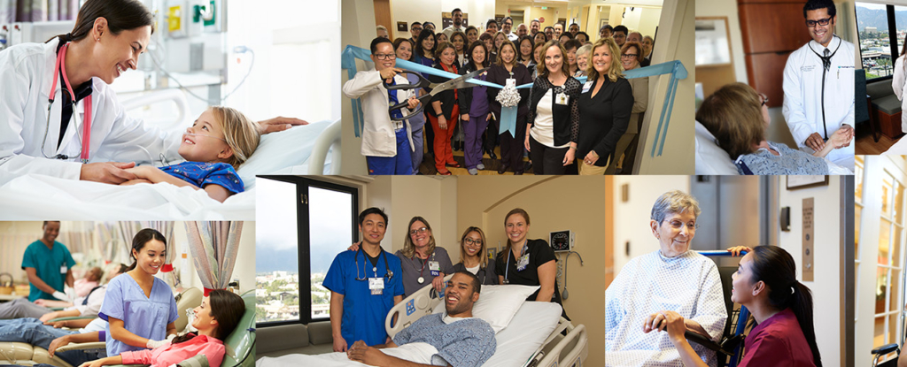 Collage of images showing nurses and physicians helping patients