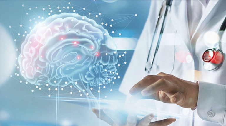 Doctor tapping on a tablet with an illustration of a brain in the foreground