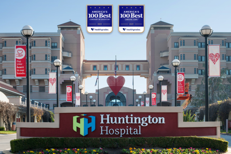 Huntington Hospital exterior with 2021 Healthgrades 100 Best awards