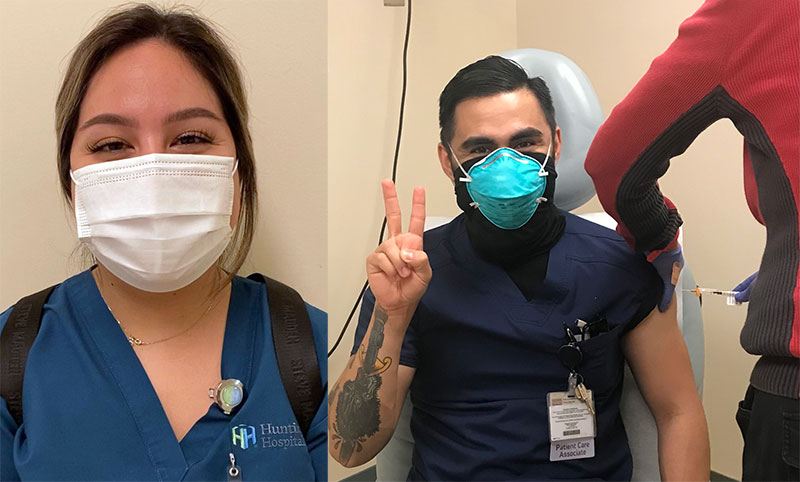 Two photos. The left photo is a selfie of a nurse. The righ photo is a nurse receiving a vaccine shot.