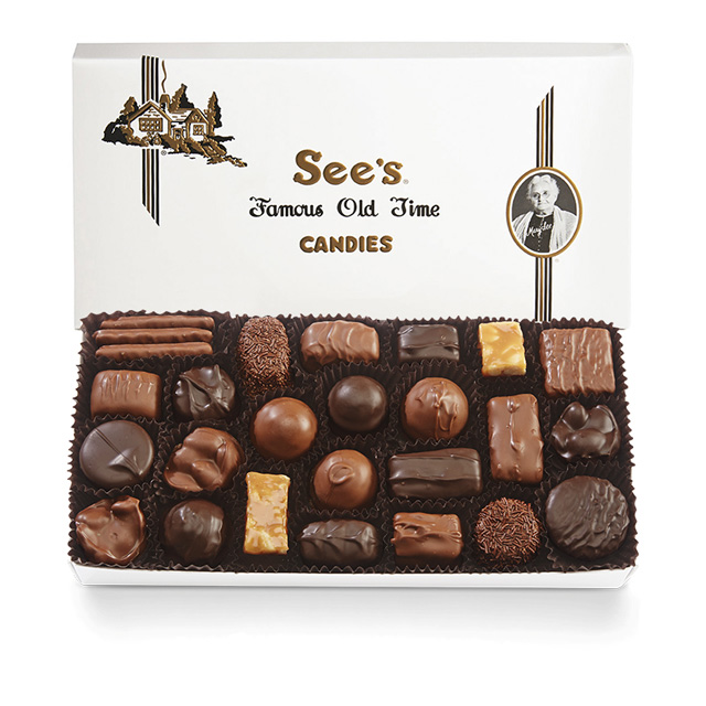 A opened box of Sees Famous Old Time Candies
