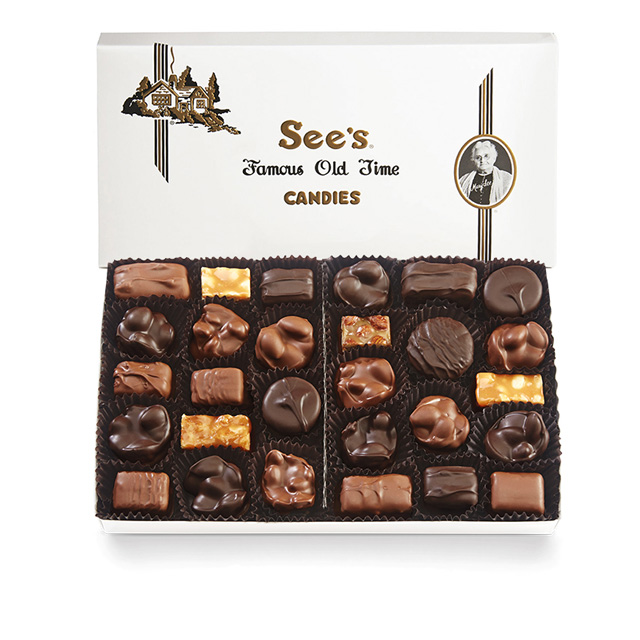 A opened box of Sees Famous Old Time Candies