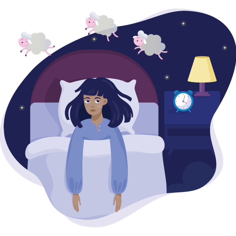 Illustration of woman awake in bed counting sheep