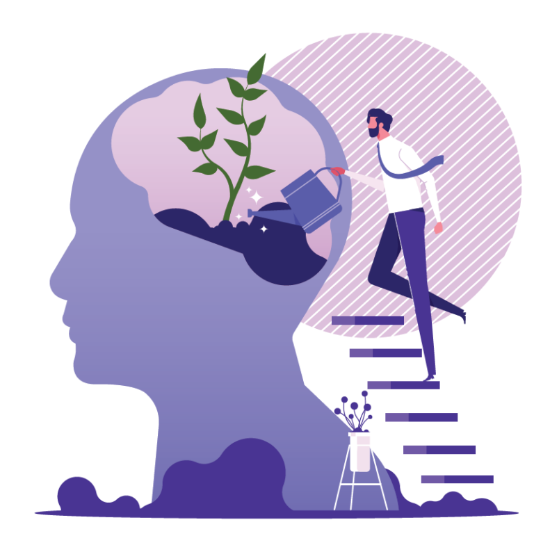 Illustration of person watering a plant growing inside a brain
