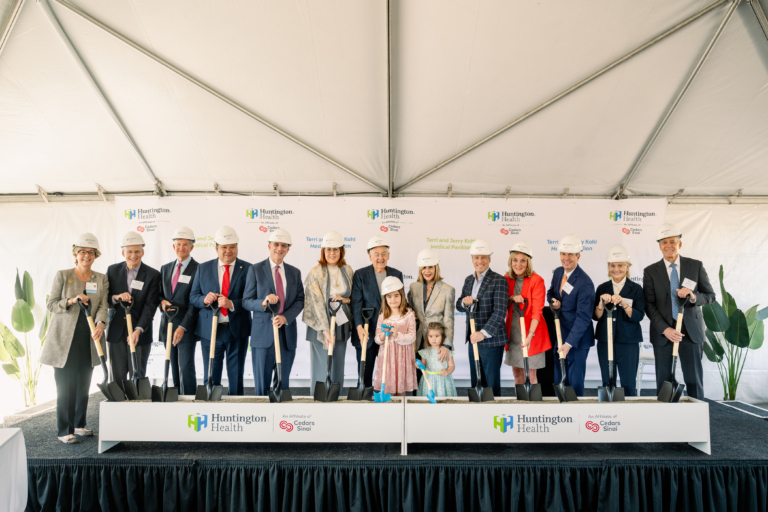 Group holding shovels at Huntington Health Kohl Medical Pavilion groundbreaking