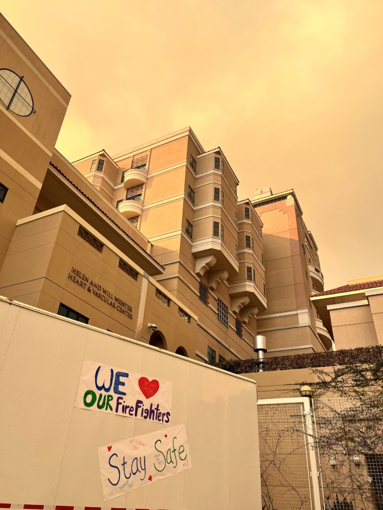 Eaton fire phot with hospital in front