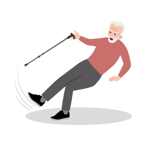 Illustration of an elderly man slipping with a cane.