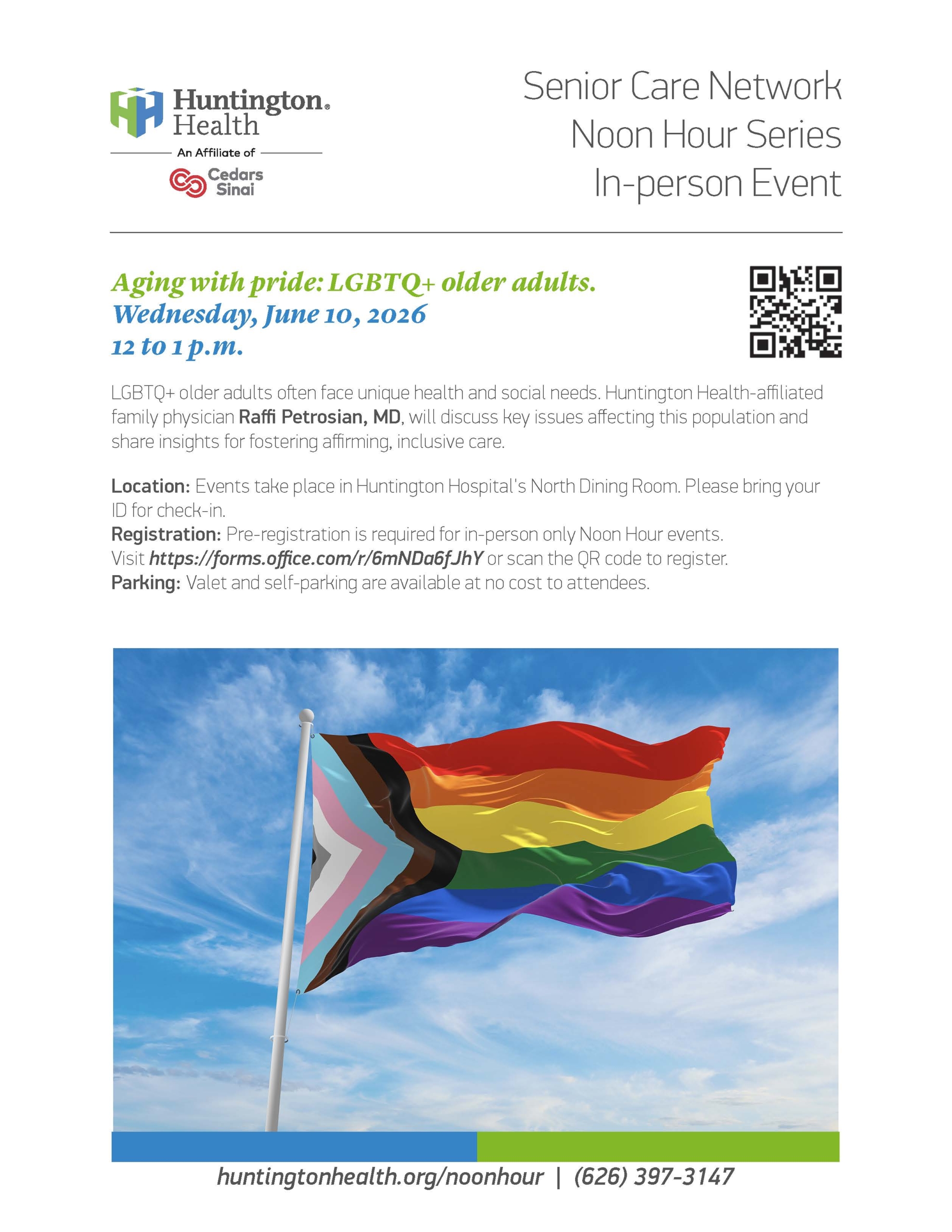 Flyer for in-person LGBTQ+ older adult health discussion.