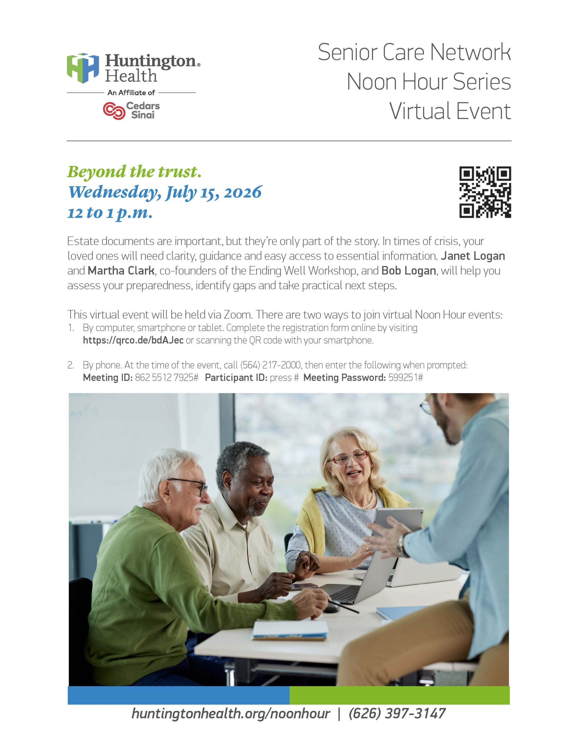 Flyer for virtual event on estate preparedness and crisis guidance.