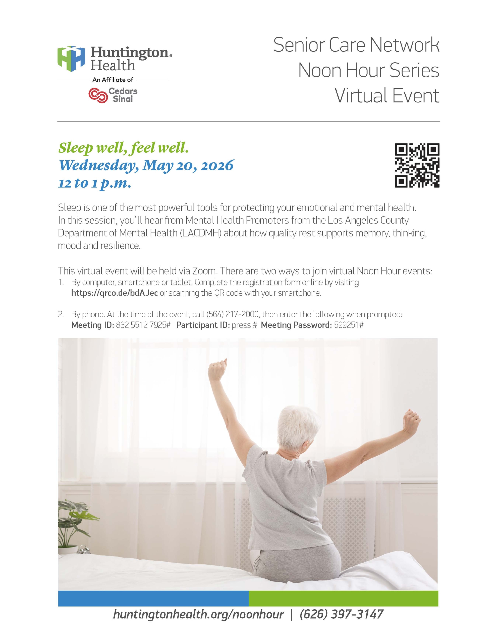 Flyer for virtual event on sleep and mental health benefits.